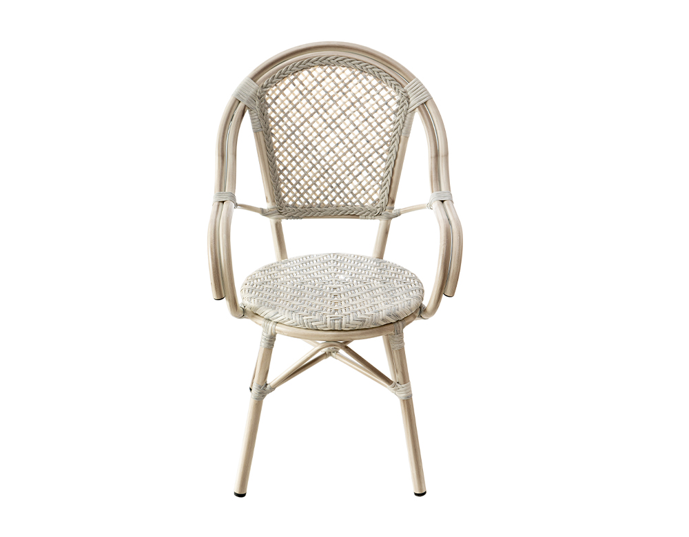 MATERIAL: WICKER Seat & Back with Aluminium Frame & Legs 28*1.5mm COLOR: WHITE - L.GREY / Bamboo Finish DIMENSIONS: L 46 x W 57 x H 88 cm